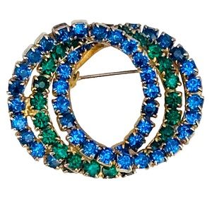 Vintage Blue and Green Rhinestone Circles Brooch Pin